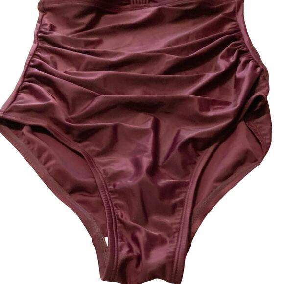 Merona Bandeau Burgundy Wine Swimsuit Medium Women Strap or Strapless Shirred - Picture 10 of 12